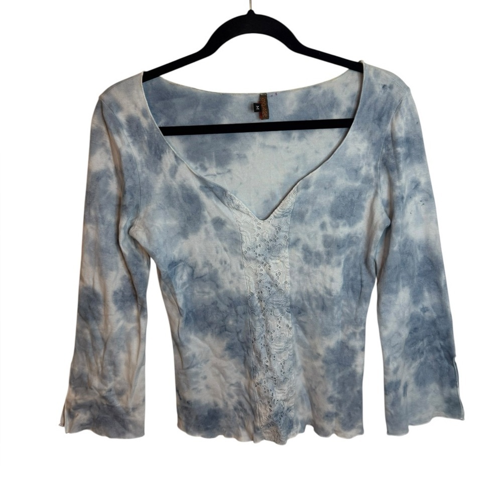 Language Los Angeles Blue Tie Dye Y2K Embroidered Lettuce Hem Top
